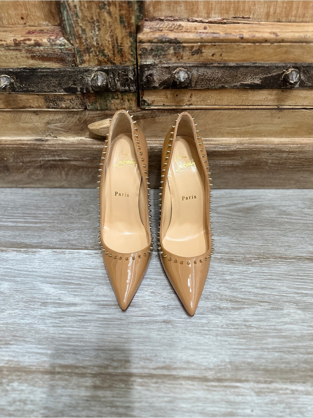 Christian Louboutin Nude Patent Leather Pointed Toe Studded Pumps
